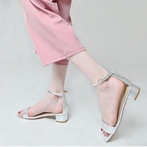 XYD Silver Open Toe Ankle Strap Buckled Low Chunky Heel Sandals for Wedding